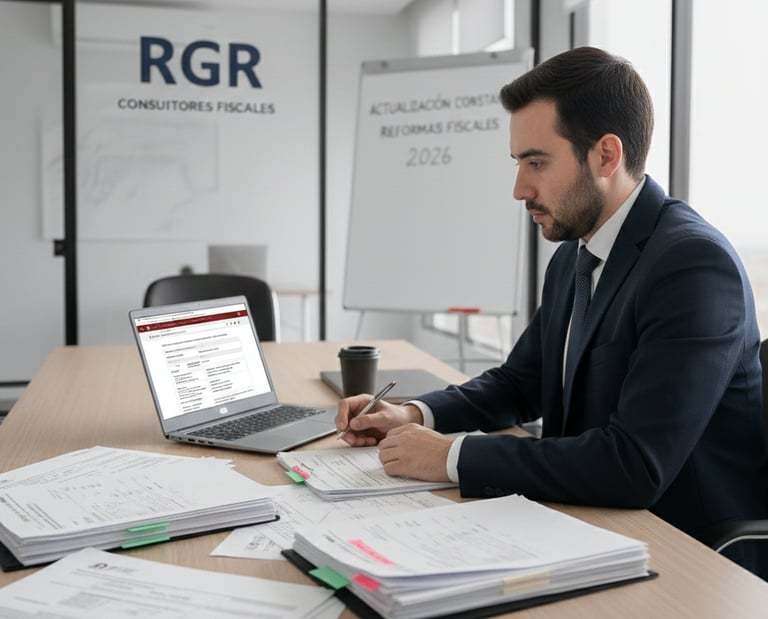 Consultor fiscal de RGR analizando documentos financieros y reformas tributarias en oficina.