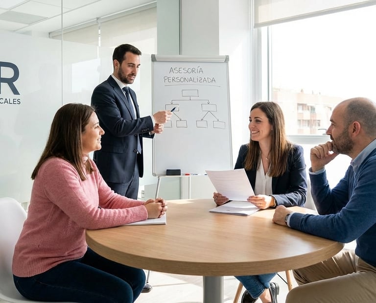 Reunión de asesoría fiscal personalizada con clientes en oficina corporativa.