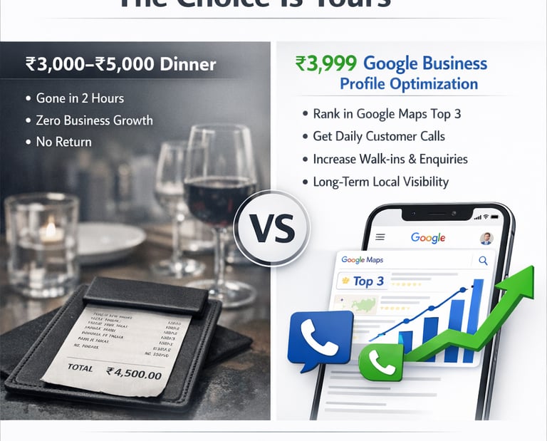 Comparison between ₹3000–₹5000 dinner expense and ₹3999 Google Business Profile optimization invest