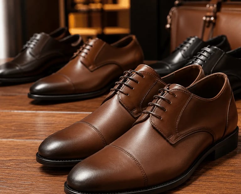 Elegant brown and black leather oxford dress shoes displayed on a wooden surface.