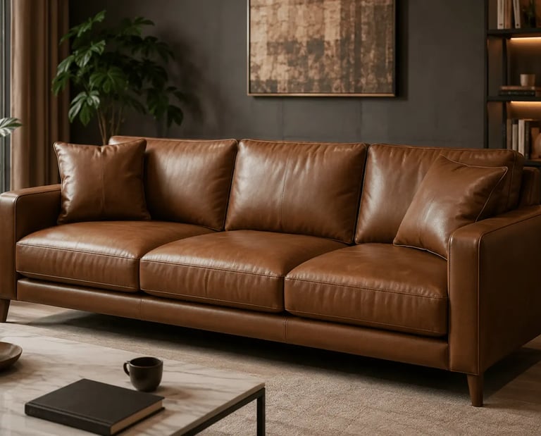 Modern brown leather sofa in a luxury living room with minimalist decor and marble coffee table.