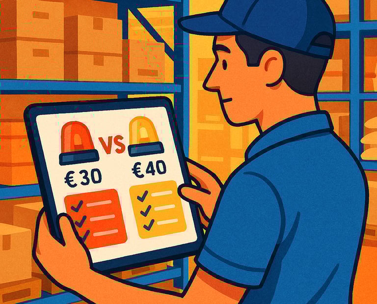 Ilustración en Proveedores, mozo de almacén usando el comparador Dighoreca, para servicio de alarmas