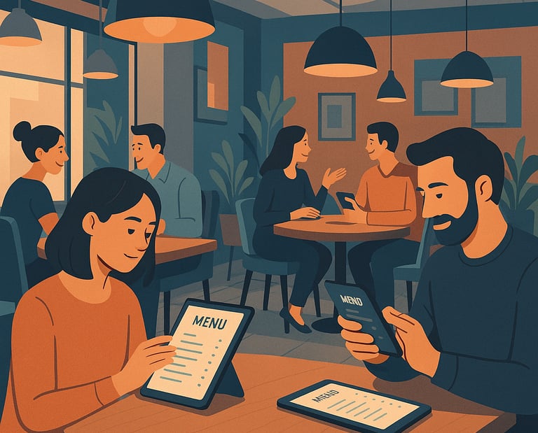 Ilustración en Hostelería, clientes leyendo carta QR Dighoreca