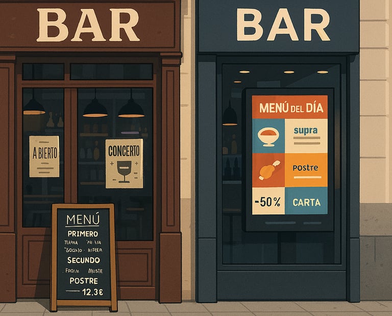 Ilustración en Hostelería 2 escaparates de bares (cartelería y pizarra tradicional vs pantalla y qr)