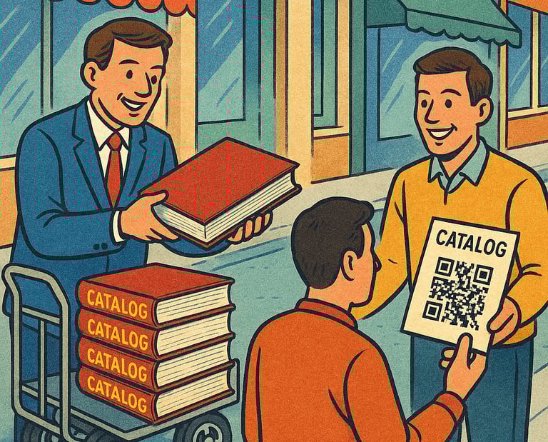 Ilustración en Proveedores, 2 comerciales (catálogo enorme tradicional vs catálogo QR de Dighoreca