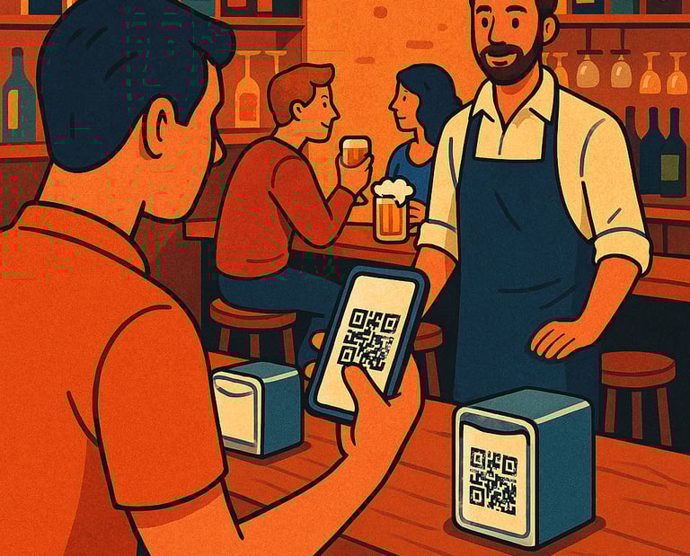 Ilustración en Hostelería, cliente leyendo el QR de la carta