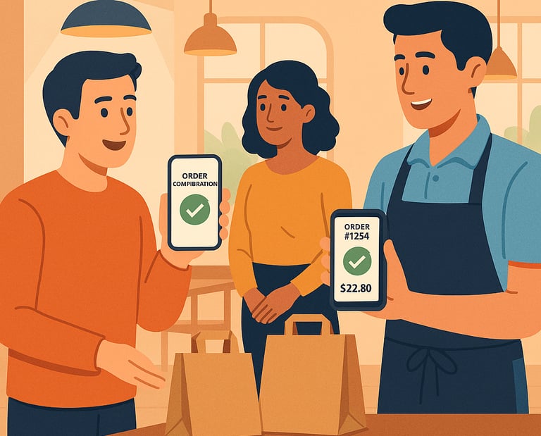 Ilustración en Hostelería, camarero validandoy recogiendo pedido Take Away Dighoreca a unos clientes