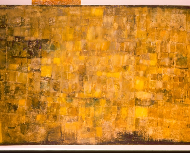 Abstract oil painting with textured yellow and gold squares creating a mosaic pattern.