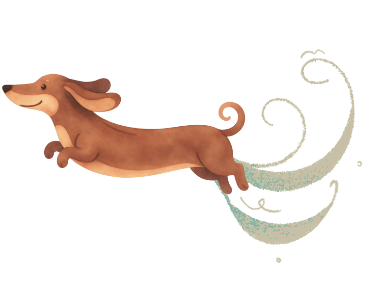Cartoon of a dachshund leaping through the air as a billow of air follows.