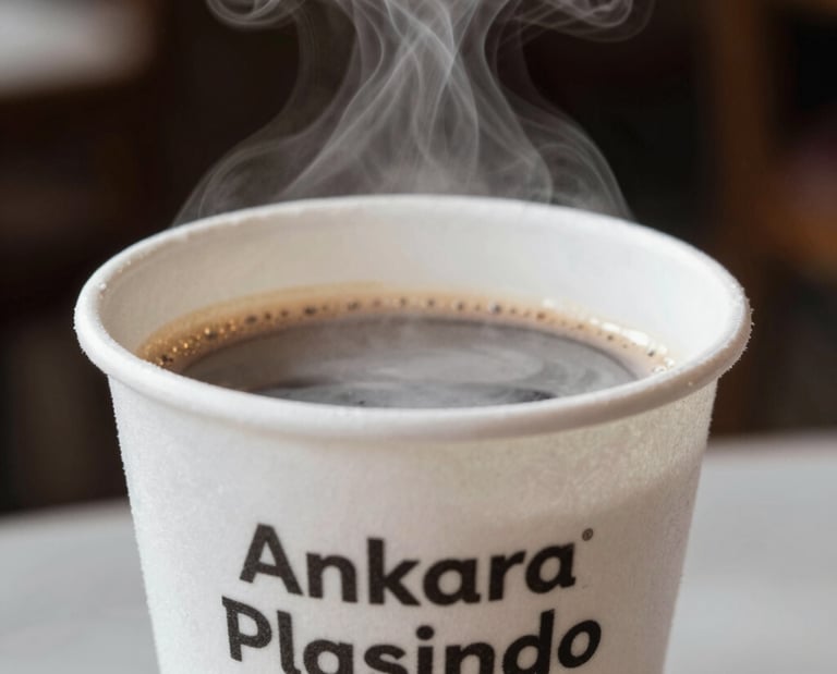 A close-up of a steaming hot coffee in a sleek, branded cafecup cup on a wooden cafe table.