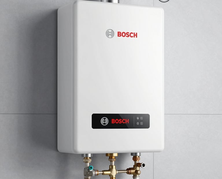 Technician repairing a Bosch gas stove in a modern kitchen.