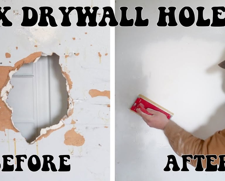 Before and after comparison of a man using a hand sander to fix a large drywall hole in a wall.