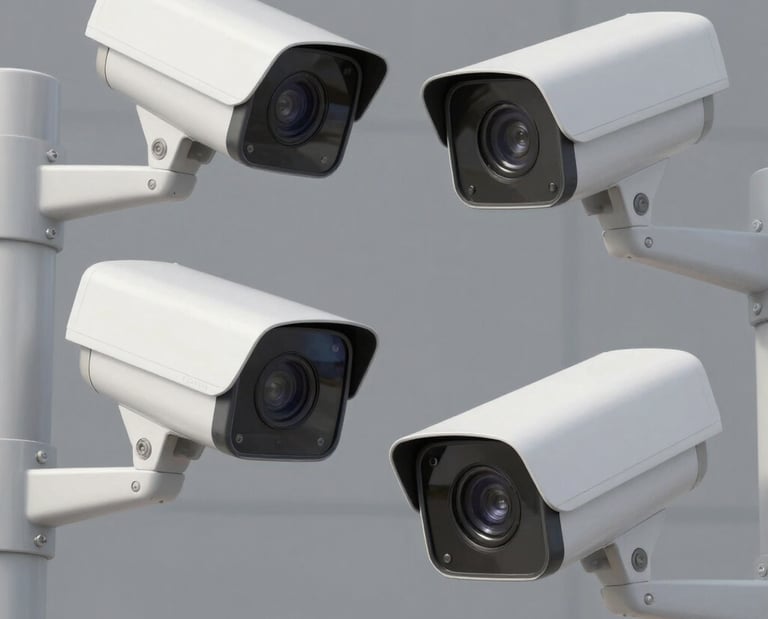 Four white outdoor security cameras mounted on a pole for building surveillance and property protection.