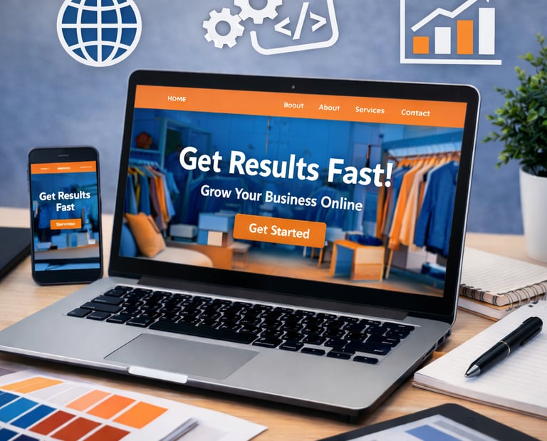 Professional web design and digital marketing services displayed on a laptop and smartphone.