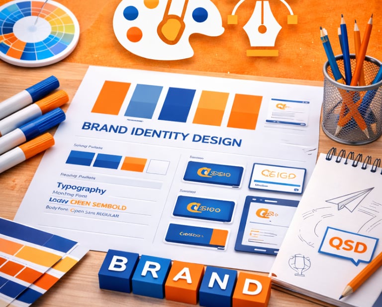 Brand identity design workspace with color palettes, typography guides, and graphic design tools.