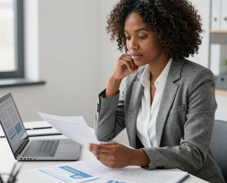 A confident businesswoman presenting financial growth charts in a modern office.