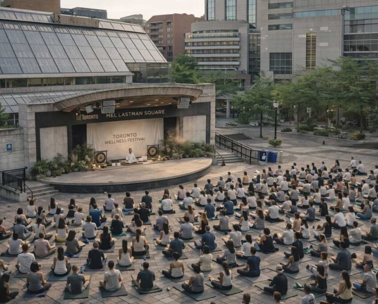 A large crowd practices outdoor yoga at the Toronto Wellness Festival in Mel Lastman Square.