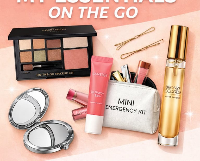 A mini emergency kit with travel-sized makeup essentials, Laneige lip balm, and Estee Lauder perfume.
