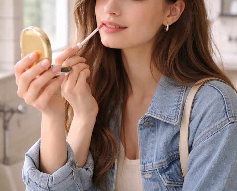A young woman applying pink lip gloss while looking into a gold compact mirror.