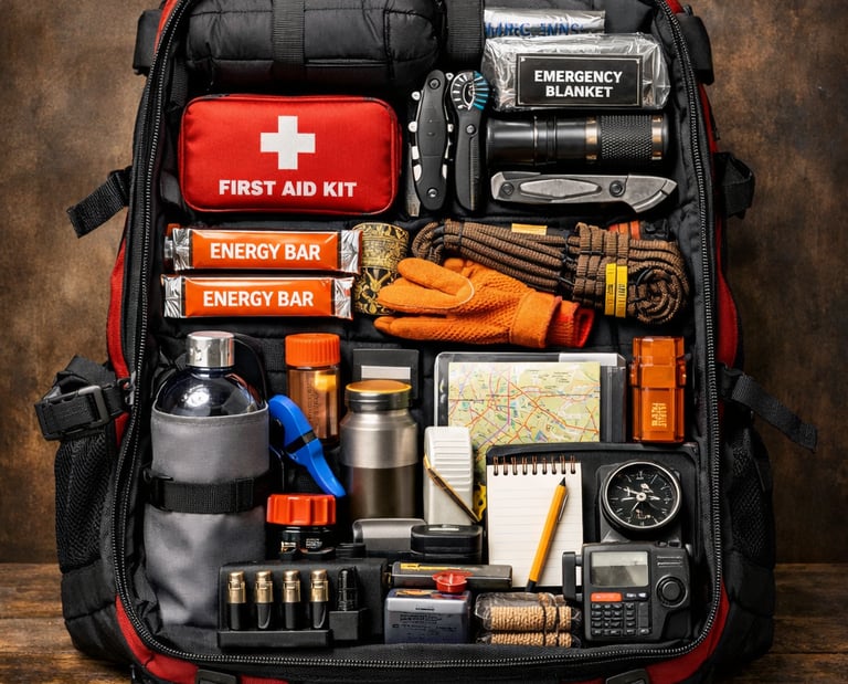 An emergency gear list survival backpack with a first aid kit, energy bars, and tools for disaster preparedness.
