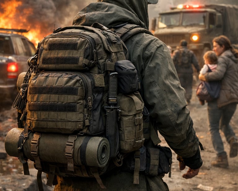Survivor with tactical backpack and survival gear in a post-apocalyptic city with fire and smoke.