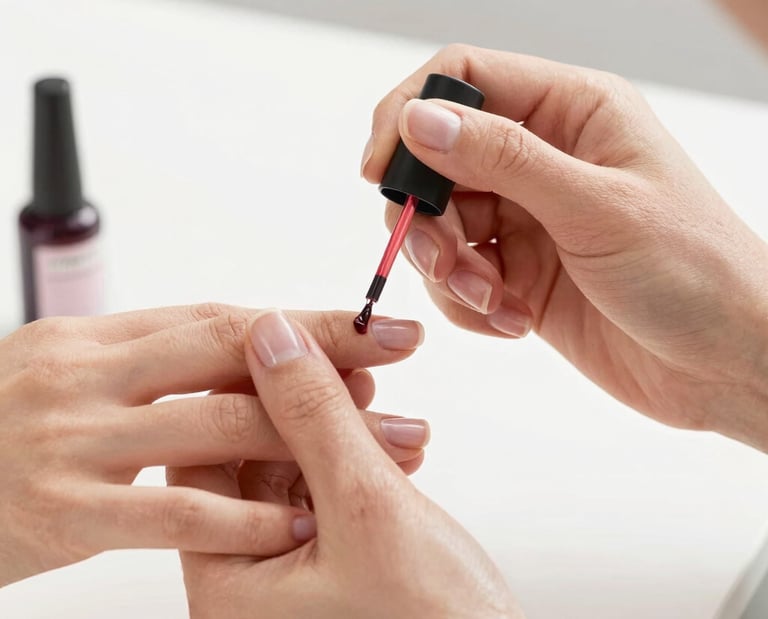 A manicurist applying dark red gel nail polish to a client's fingernail at a salon.
