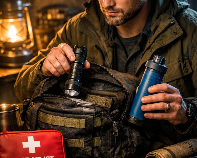 A man packing an emergency survival kit with a tactical flashlight, water filter, and first aid supplies.