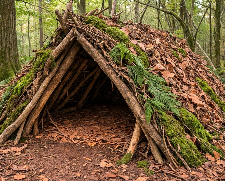 Primitive survival shelter made of logs, green moss, and dry leaves in a dense autumn forest.