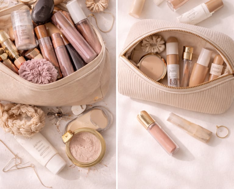 Comparison of a messy versus an organized makeup bag filled with luxury cosmetics and skincare products.