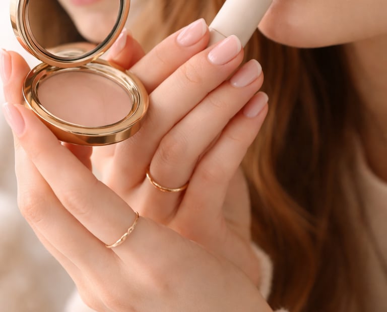 Woman applying pink lip balm while holding a gold luxury compact mirror.