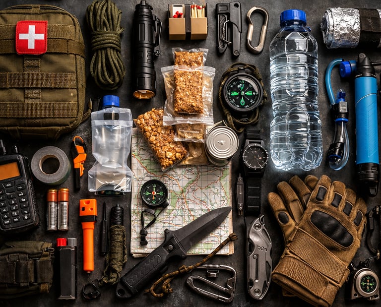 A survival kit with emergency supplies including a first aid kit, water bottle, map, and tactical gear.