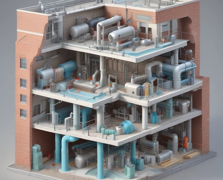 Technical illustration of water flow through pipes in a modern building