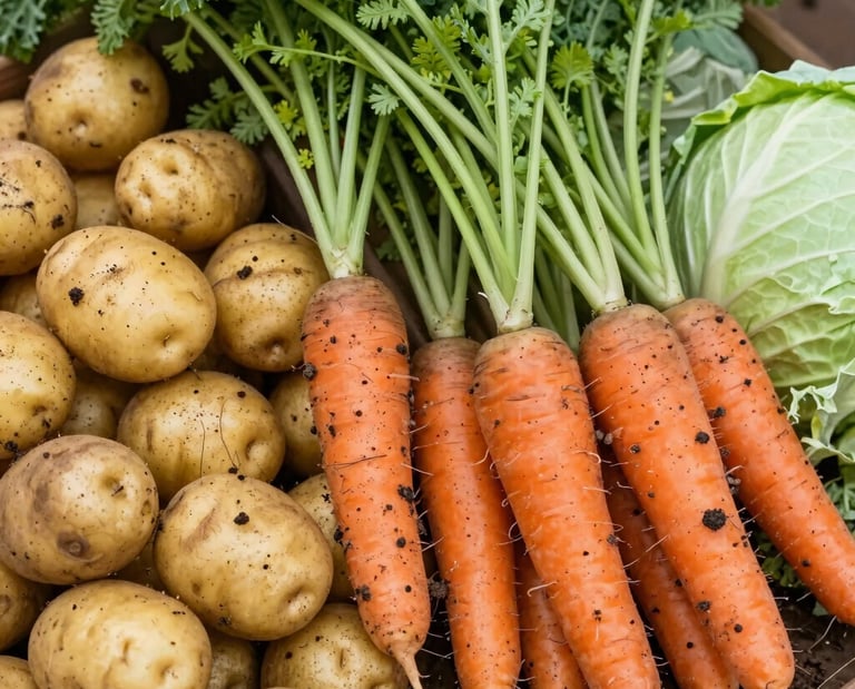 A vibrant farmer's market stall displaying fresh carrots, cabbages, and leafy greens under natural sunlight.