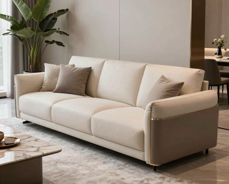 Close-up of handcrafted sofa stitching showcasing fine detail.
