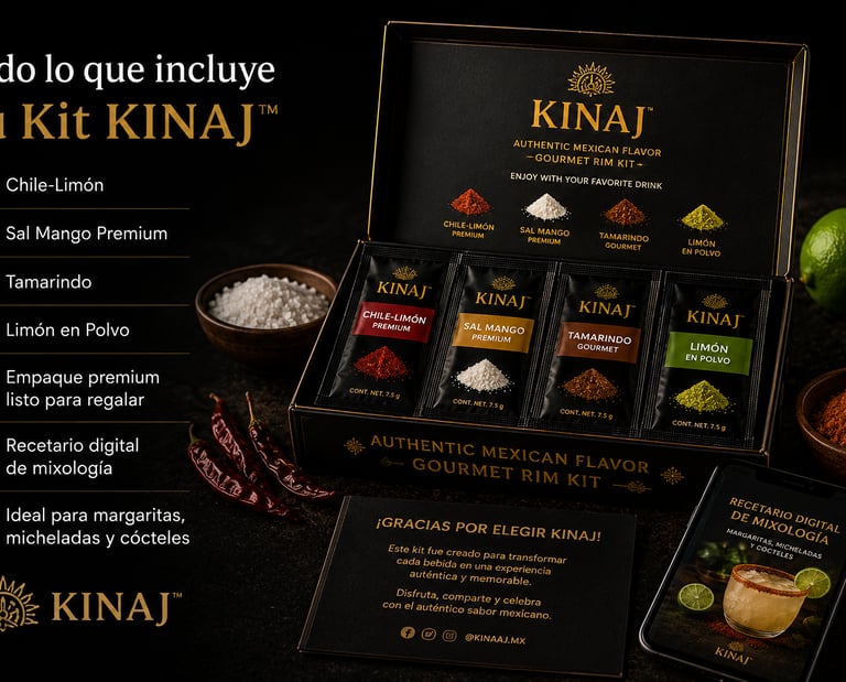 KINAJ™ Kit Gourmet para escarchar bebidas con sabores premium mexicanos: chile-limón, sal mango, tam