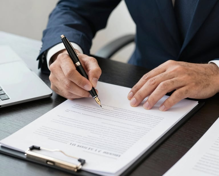 A businessman in a suit signing a formal legal document with a fountain pen on a black desk.