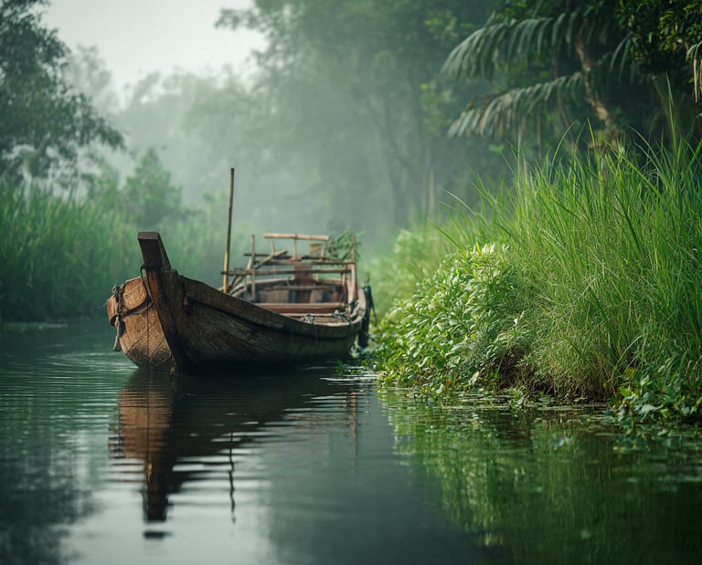 Une jonque au bord du Mekong dans la jungle