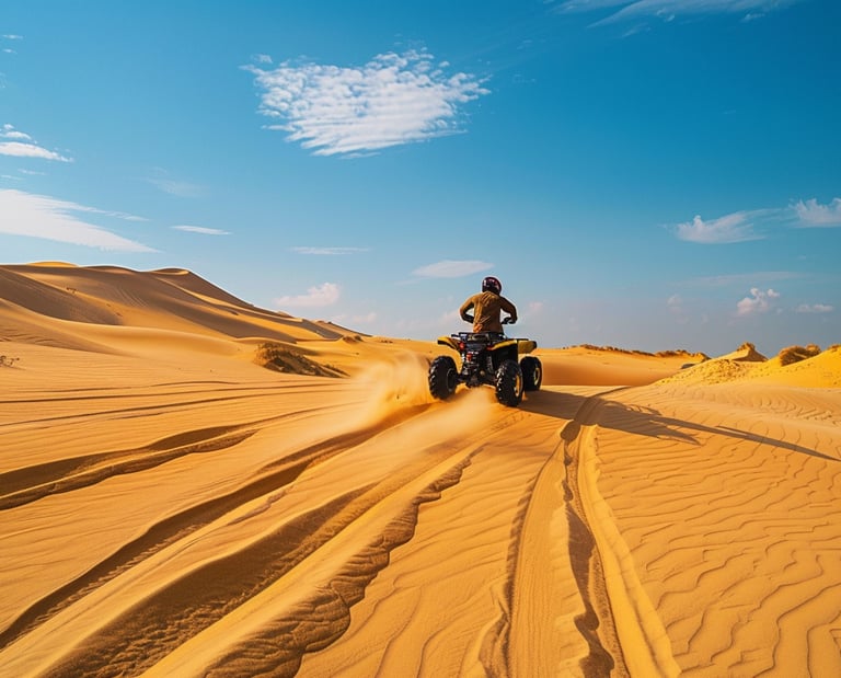 Un homme conduisant un quad - VTT dans le désert