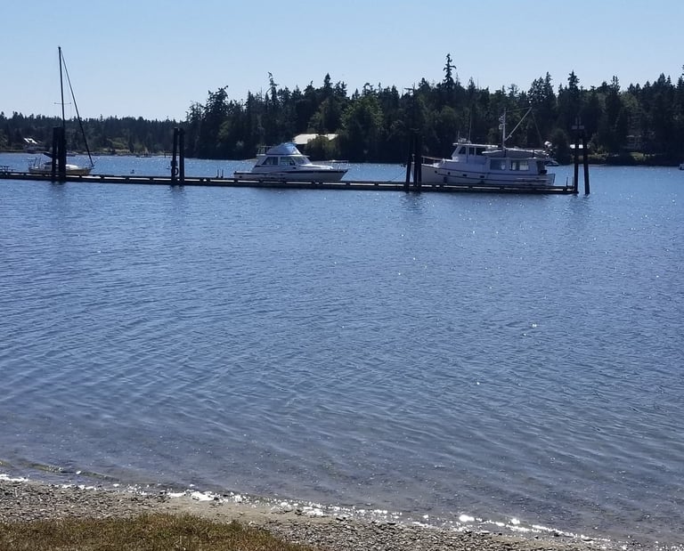 Boats tied to a dock in calm coastal water under clear skies