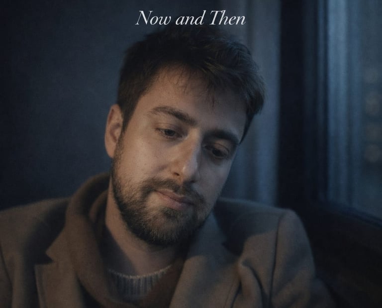 Marco Di Caprio album cover for Now and Then featuring a bearded man in a brown coat.