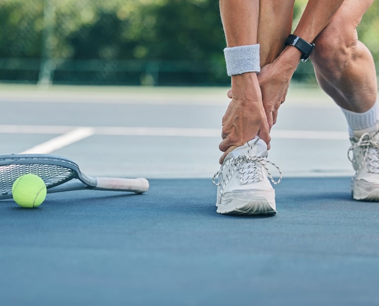 Tennis player holding an injured ankle on a blue court with a racket and ball nearby.