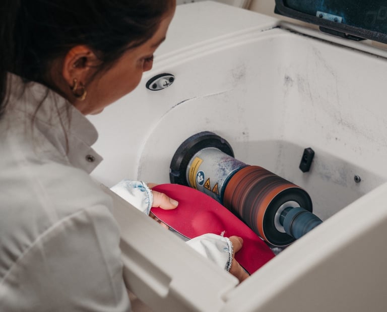 Podologue réalisant une semelle orthopédique sur mesure.