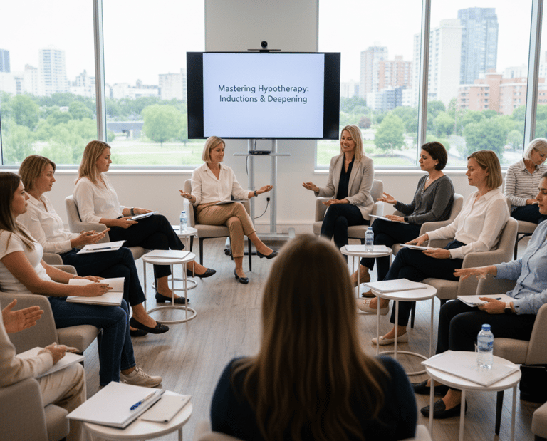 Professional hypnotherapy training workshop with students in a seminar room mastering inductions.