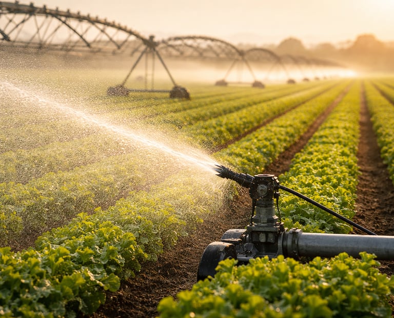 Sistema automatizado de riego agrícola que rocía agua sobre hileras de hortalizas de hojas verdes
