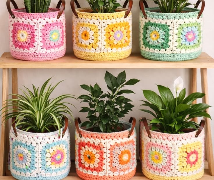 porta macetas hechas a crochet, técnica granny, multicolor