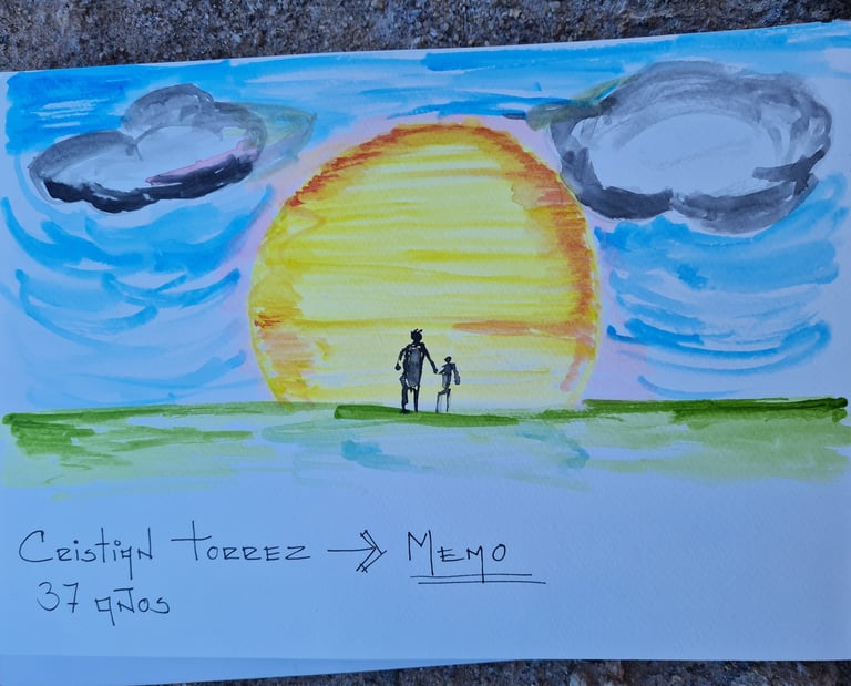 Aquarelle représentant deux personnages marchant vers un grand soleil jaune sur fond de ciel bleu et