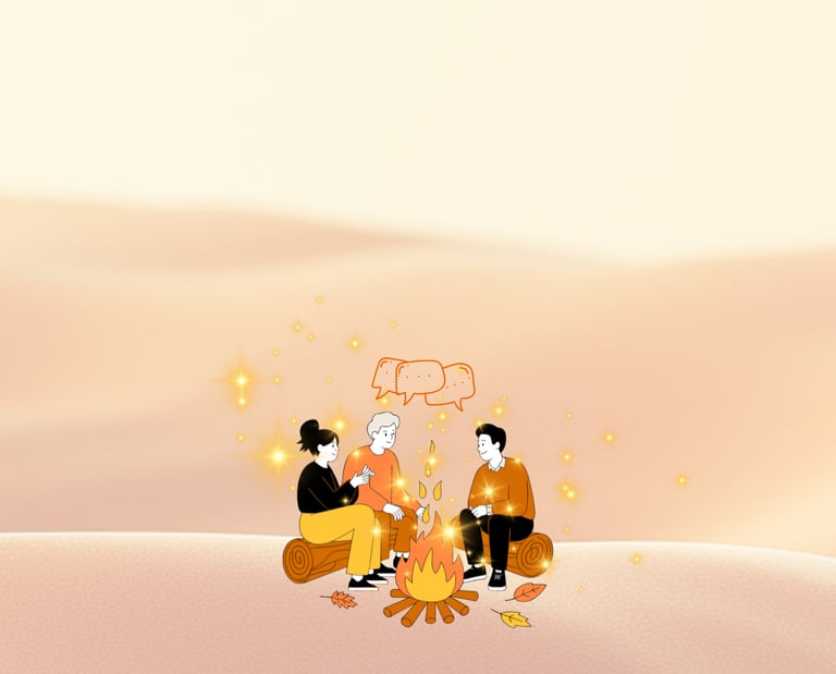 Illustration de trois amis discutant autour d'un feu de camp dans un paysage désertique chaleureux.