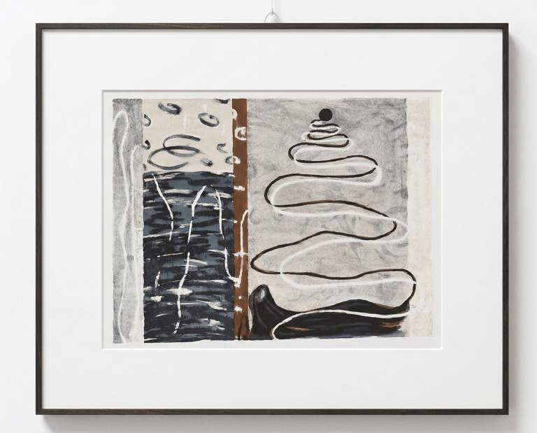 Lithograph by Coby Hurtak. Abstract print of a white spiral and rising bubbles on blue and grey.