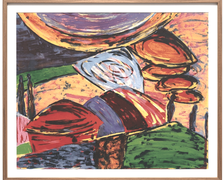 Marché Indonésien by Coby Hurtak, lithography. Abstract colorful layered shapes and dark silhouettes