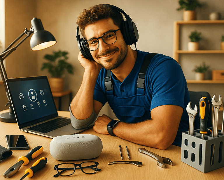 Tech handyman with laptop and smart speaker at workbench. Cedar Rapids home tech setup help.